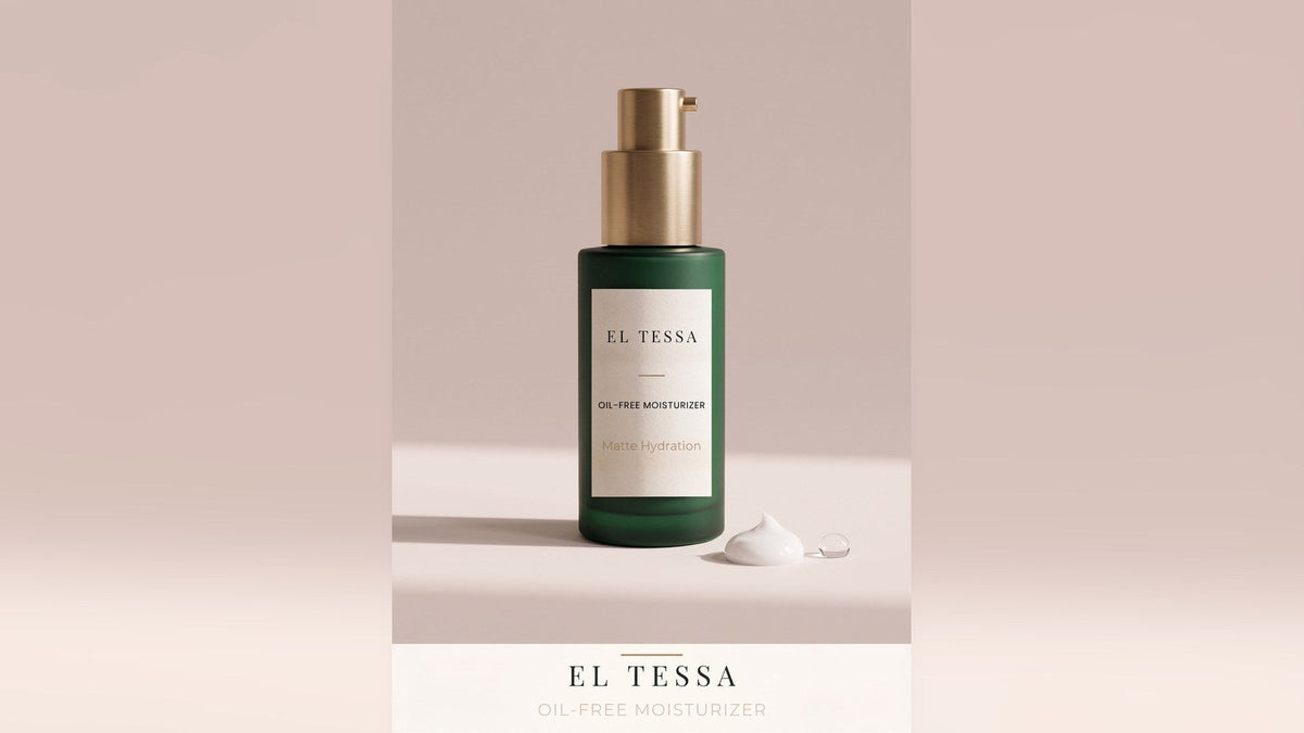 Green EL TESSA Oil-Free Moisturizer pump bottle with a small swatch of white cream