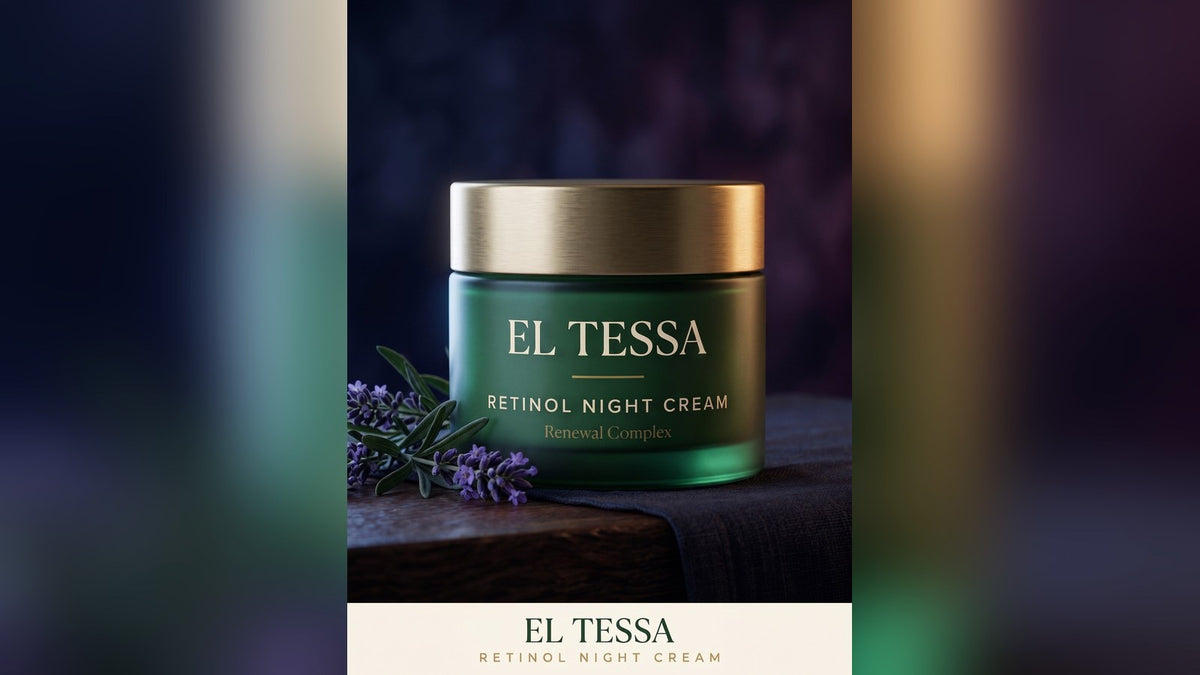 Green EL TESSA Retinol Night Cream jar with lavender on a dark wooden table