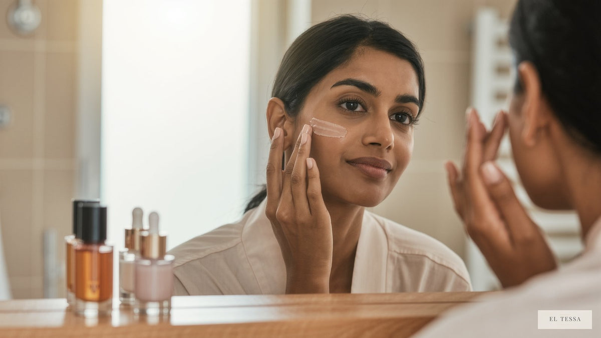 Woman layering a face serum onto clean skin during her skincare routine at home in Pakistan