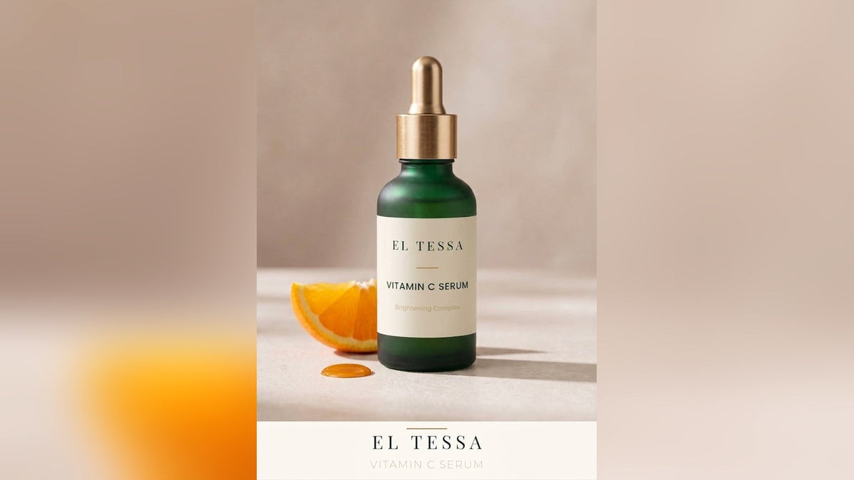Green EL TESSA serum dropper bottle beside a slice of orange on a beige table