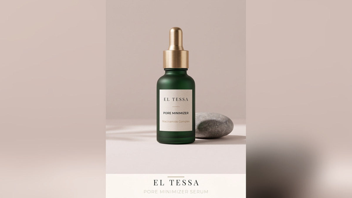 Green EL TESSA Pore Minimizer serum bottle beside a smooth grey stone
