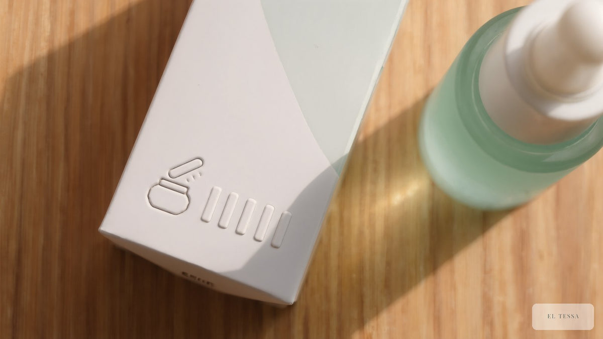 The base of a plain skincare carton with an embossed open-jar PAO symbol and batch marks beside a serum bottle