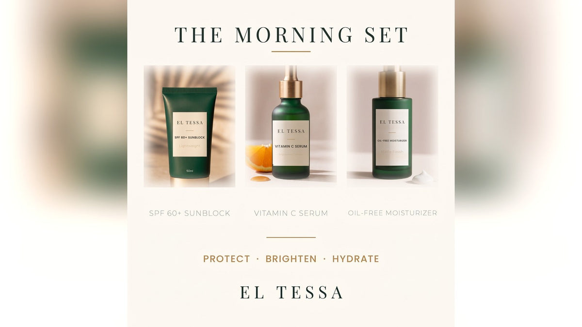 EL TESSA Morning Set: SPF 60+ Sunblock, Vitamin C Serum and Oil-Free Moisturizer side by side