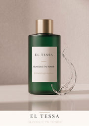 EL TESSA Glycolic Acid 7% Toner for Skin Texture, a green bottle with a gold cap beside a water splash