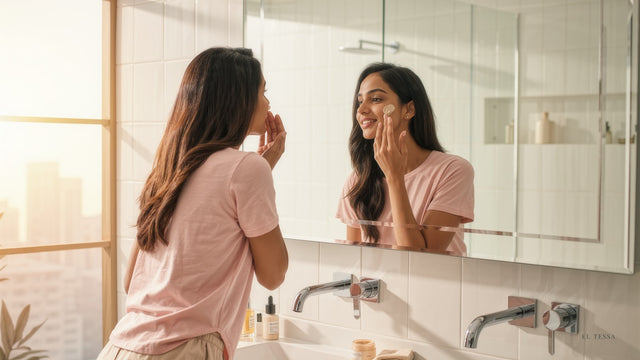 Woman applying BB cream with niacinamide and SPF to her face at home in Pakistan