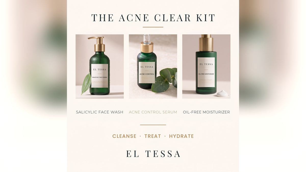 EL TESSA Acne Clear Kit: Salicylic Face Wash, Acne Control Serum and Oil-Free Moisturizer side by side