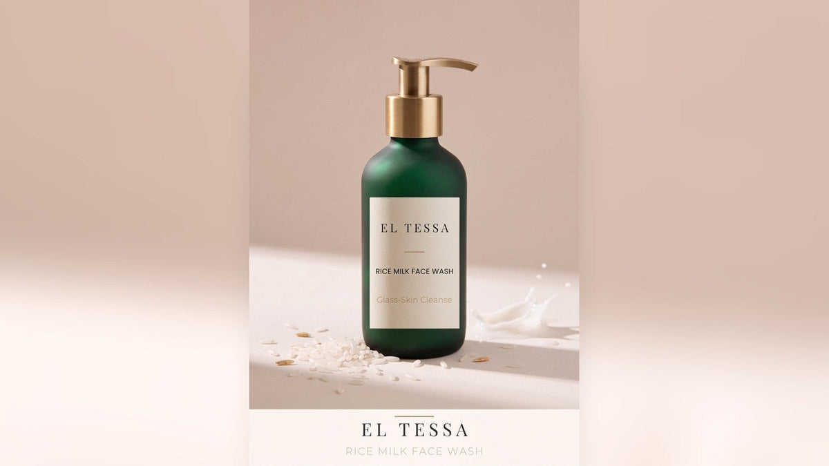 Green EL TESSA Rice Milk Face Wash pump bottle with rice grains and a splash of milk