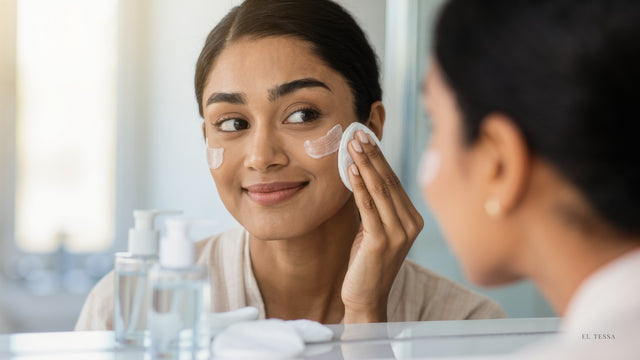 Woman applying glycolic acid toner with a cotton pad during her skincare routine at home in Pakistan