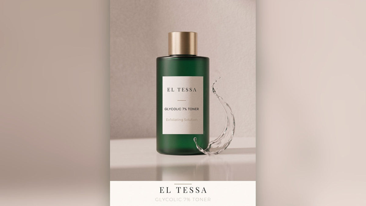 Green EL TESSA Glycolic 7% Toner bottle with a splash of clear liquid