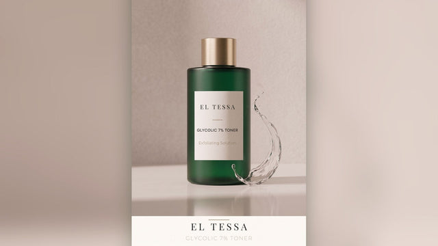 Green EL TESSA Glycolic 7% Toner bottle with a splash of clear liquid