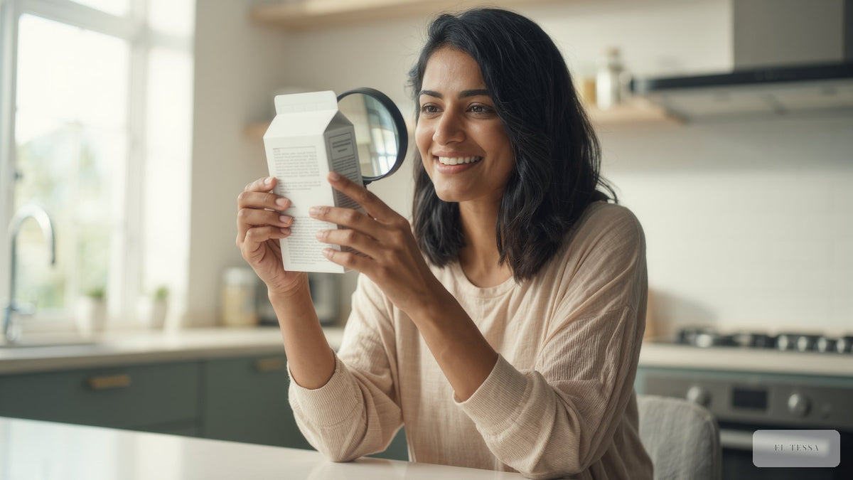 A woman reading the back panel of a plain skincare carton through a magnifying glass, the way you read a skincare ingredient list