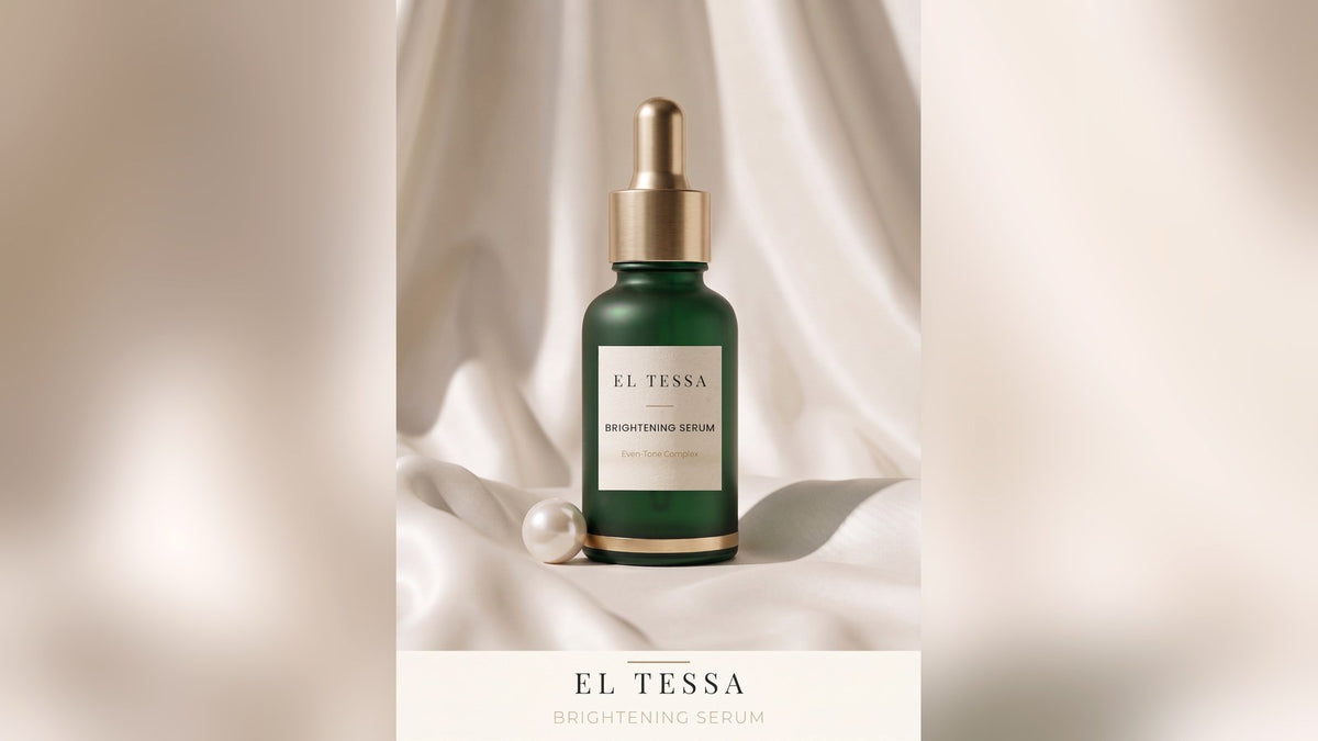 Green EL TESSA Brightening Serum dropper bottle on soft white fabric with a pearl