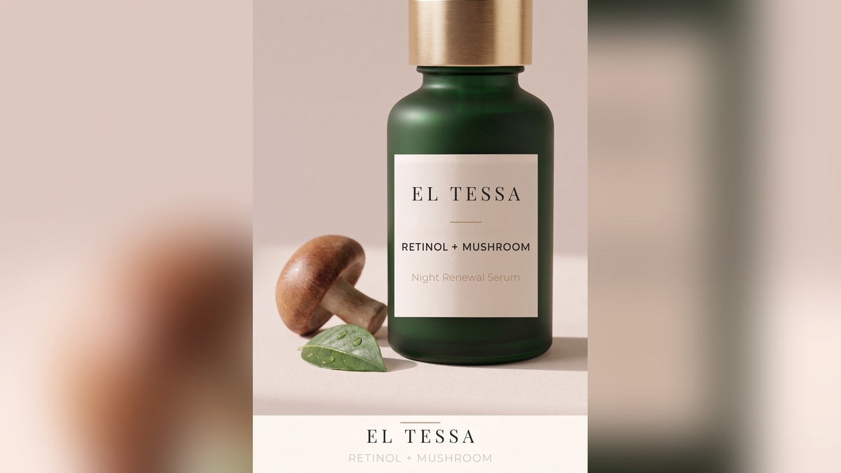 Green EL TESSA Retinol + Mushroom night serum bottle beside a small mushroom and a leaf