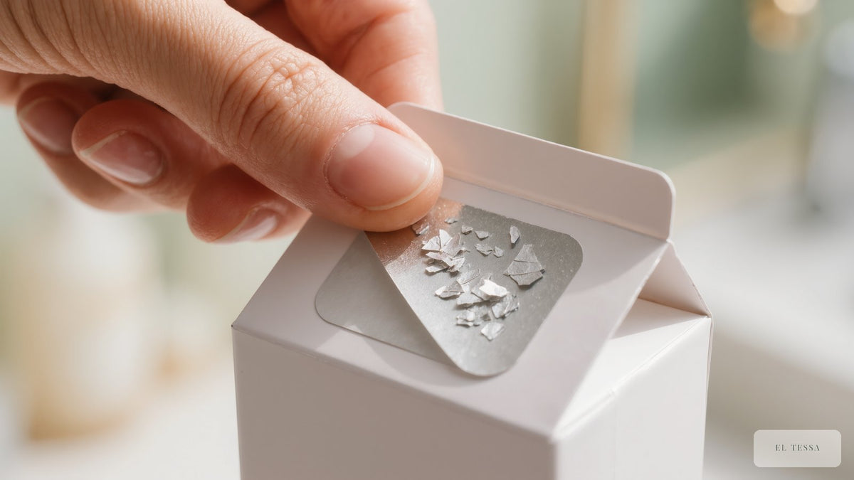 A thumb scratching the silver authenticity panel on a plain skincare carton, used to check if a skincare product is original