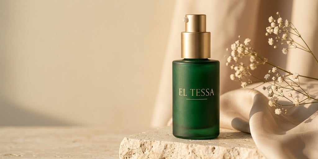 EL TESSA luxury skincare hero — emerald serum bottle on travertine