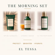 The three products in the EL TESSA Morning Set: SPF 60+ sunblock, vitamin C serum and oil-free moisturizer