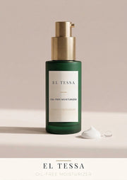 EL TESSA oil free moisturizer for face in a green pump bottle with a gold pump, beside a small swatch of white cream