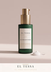 EL TESSA Oil Free Moisturizer for Oily Skin, a green pump bottle with a gold pump beside a cream swatch
