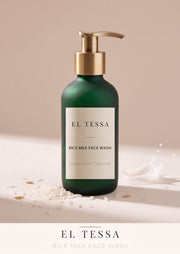 EL TESSA Rice Milk Face Wash for Dry Skin in a green pump bottle labelled Glass Skin Cleanse, with rice grains and milk