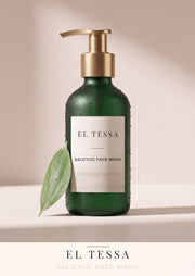EL TESSA Salicylic Acid Face Wash for Acne, a clarifying cleanser in a green pump bottle with water drops and a leaf